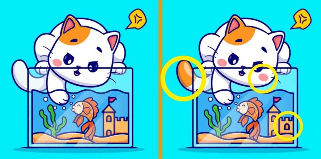 spot 3 differences in cat and fish picture solution