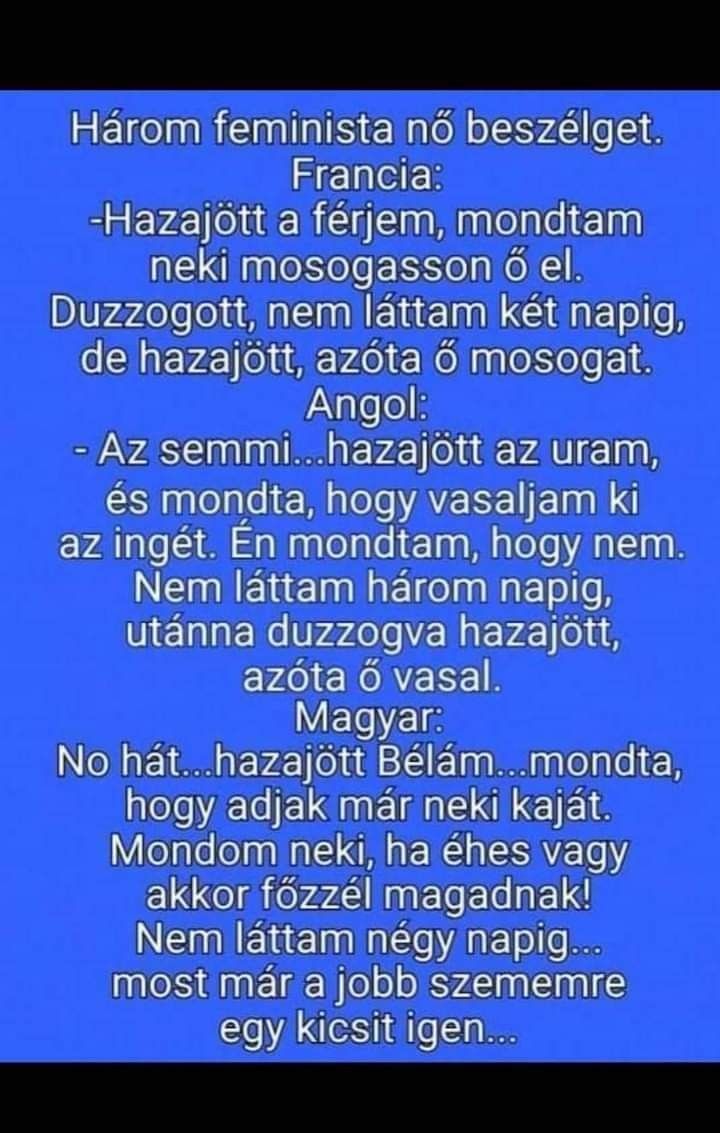 Lehet, hogy egy kép erről: , szöveg, amely így szól: „Három feminista nő beszélget. Francia: -Hazajött a férjem, mondtam neki mosogasson ő el. Duzzogott, nem láttam két napig, de hazajött, azóta Ő mosogat. Angol: -Az semmi... emmi...hazajött az uram, és mondta, hogy vasaljam ki az ingét. Én mondtam, hogy nem. Nem láttam három napig, utánna duzzogva hazajött, azóta Ő vasal. Magyar: No hát... .hazajött Bélám... mondta, hogy adjak már neki kaját. Mondom neki, ha éhes vagy akkor főzzél magadnak! Nem láttam négy napig... most már a jobb szememre egy kicsit igen...”