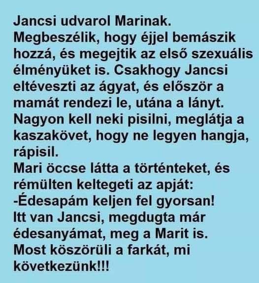 Lehet, hogy egy kép erről: , szöveg, amely így szól: „Jancsi udvarol Marinak. Megbeszélik hogy éjjel bemászik hozzá, és megejtik az első szexuális élményüket yüket is. Csakhogy Jancsi eltéveszti az ágyat, és először a mamát rendezi le, utána a lányt. Nagyon kell neki pisilni, meglátja a kaszakövet, hogy ne legyen hangja, rápisil. Mari öccse látta a történteket, és rémülten keltegeti az apját: -Édesapám keljen fel gyorsan! Itt van Jancsi, megdugta már édesanyámat, meg a Marit is. Most köszörüli a farkát, mi következünk!!!”