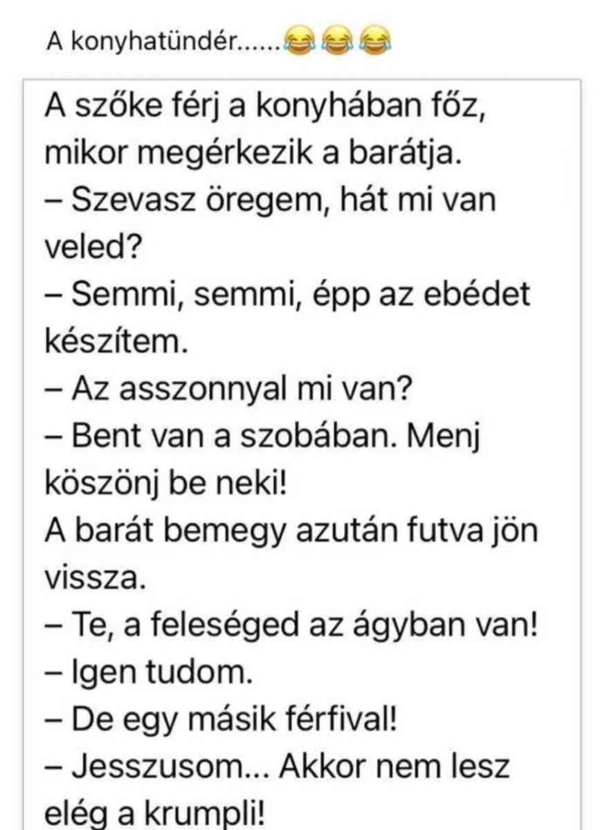 Lehet, hogy egy kép erről: , szöveg, amely így szól: „A konyhatündeé..... A szőke férj a konyhában főz, mikor megérkezik a barátja. -Szevasz öregem, hát mi van veled? -Semmi, semmi, épp az ebédet készítem. -Az asszonnyal mi van? -Bent van a szobában. Menj köszönj be neki! A barát bemegy azután futva jön vissza. -Te, a feleséged az az ágyban van! -Igen tudom. -De egy másik férfival! -Jesszusom... Akkor nem lesz elég a krumpli!”