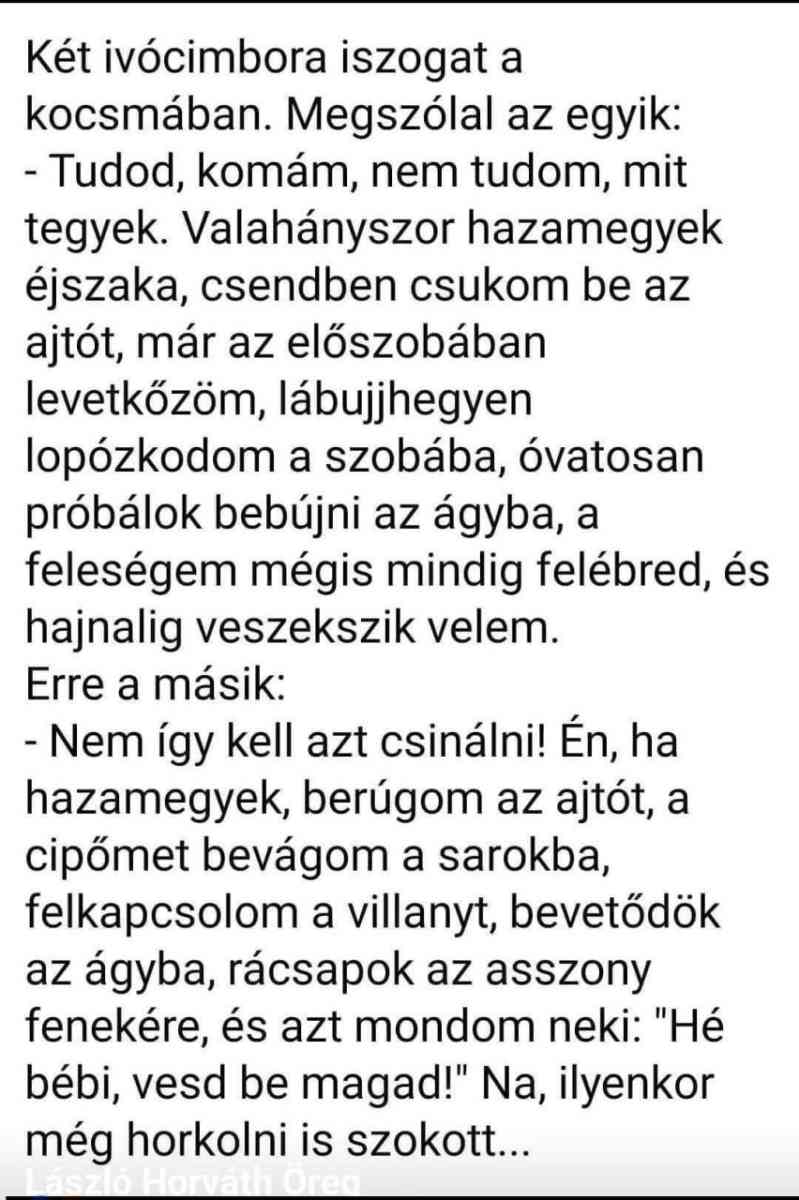 Lehet, hogy egy kép erről: , szöveg, amely így szól: „Két ivócimbora iszogat a kocsmában. Megszólal az egyik: -Tudod, komám, nem tudom, mit tegyek. Valahányszor hazamegyek éjszaka, csendben csukom be az ajtót, már az előszobában levetkőzöm, lábujjhegyen lopózkodom a szobába, óvatosan próbálok bebújni az ágyba, a feleségem mégis mindig felébred, és hajnalig veszekszik velem. Erre a másik: -Nem így kell azt csinálni! Én, ha hazamegyek, berúgom az ajtót, a cipőmet bevágom a sarokba, felkapcsolom a villanyt, bevetődök az ágyba, rácsapok az asszony fenekére, és azt mondom neki: "Hé bébi, vesd be magad!" Na, ilyenkor még horkolni is szokott...”