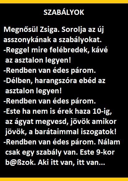 Lehet, hogy egy kép erről: , szöveg, amely így szól: „SZABÁLYOK Megnősül Zsiga. Sorolja az új asszonykának a szabályokat. -Reggel mire felébredek, kávé az asztalon legyen! -Rendben van édes párom. -Délben, harangszóra ebéd az asztalon legyen! -Rendben van édes párom. -Este ha nem is érek haza 10-ig, az ágyat megvesd, jövök amikor jövök, a barátaimmal iszogatok! -Rendben van édes párom. Nálam csak egy szabály van. Este 9-kor b@ßzok. Aki itt van, itt van...”